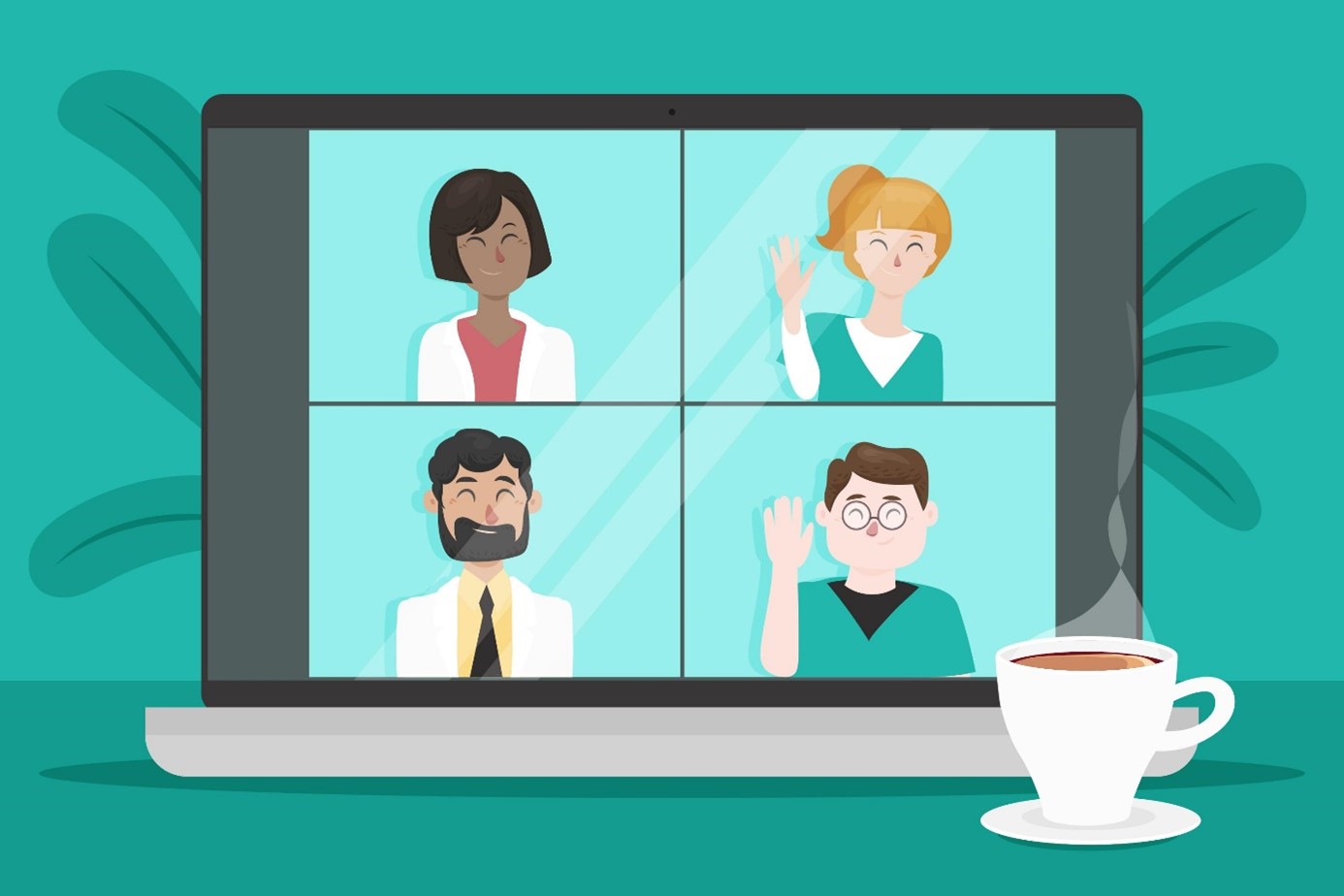 Ein geöffneter Laptop-Bildschirm auf dem vier Kacheln mit verschiedenen lächelnden Personen zu sehen sind, zwei von ihnen winken. Vor dem Bildschirm steht eine Kaffeetasse. Das Bild wird von einem entspannten Grünton dominiert.